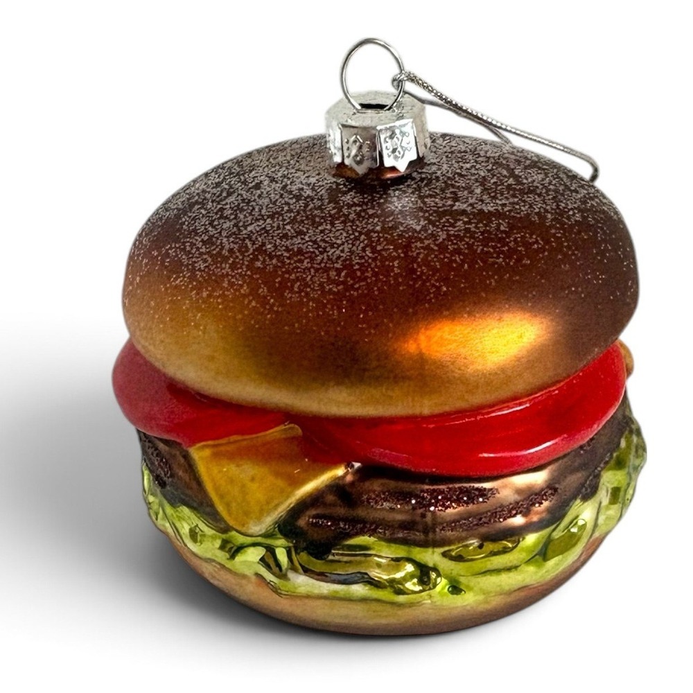 Glass Cheeseburger Christmas Ornament Hand Painted Glitter Foodie Holiday Decor - Picture 4 of 7
